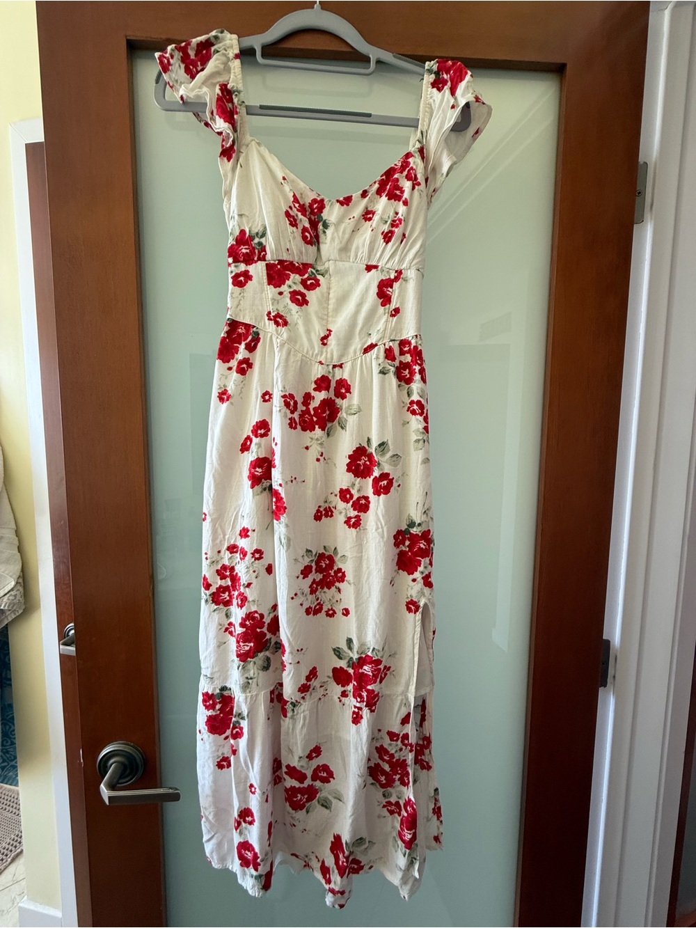 Hollister White Midi Dress with Red Floral Print